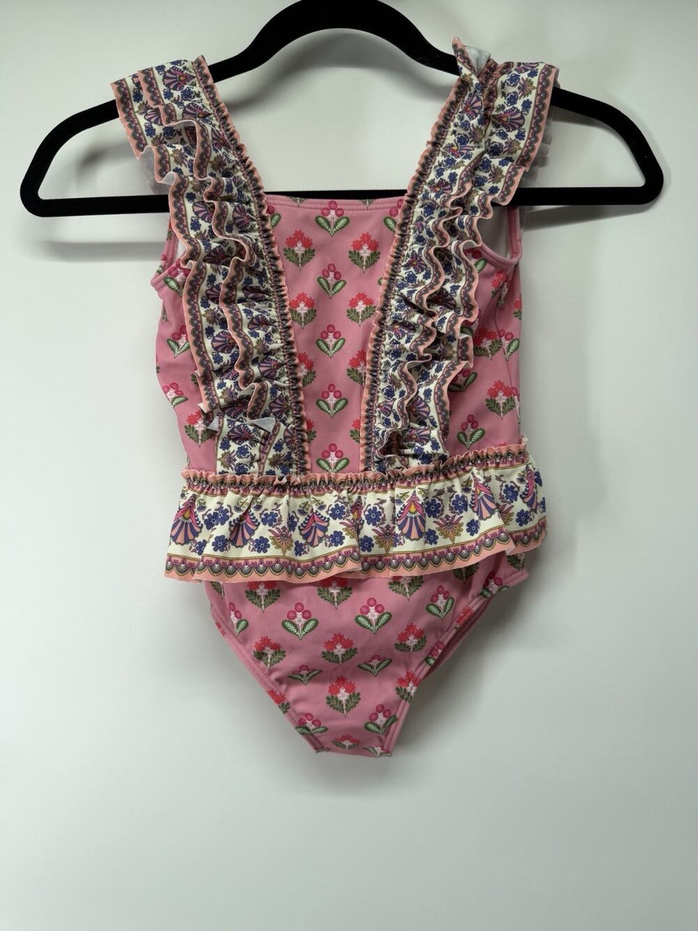 Boden Frill Peplum Swimsuit Pink Multi Woodblock Kids Size 7-8